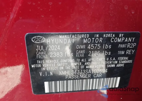 2025 Hyundai Sonata Hybrid Sel z USA, uszkodzony, nr VIN KMHL34JJ3SA102694